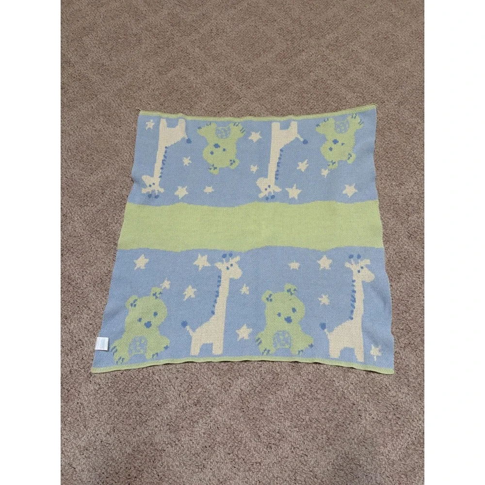 VTG Carters Baby Blanket Blue Green Knit Giraffe Bear Star Animal Print 30x30